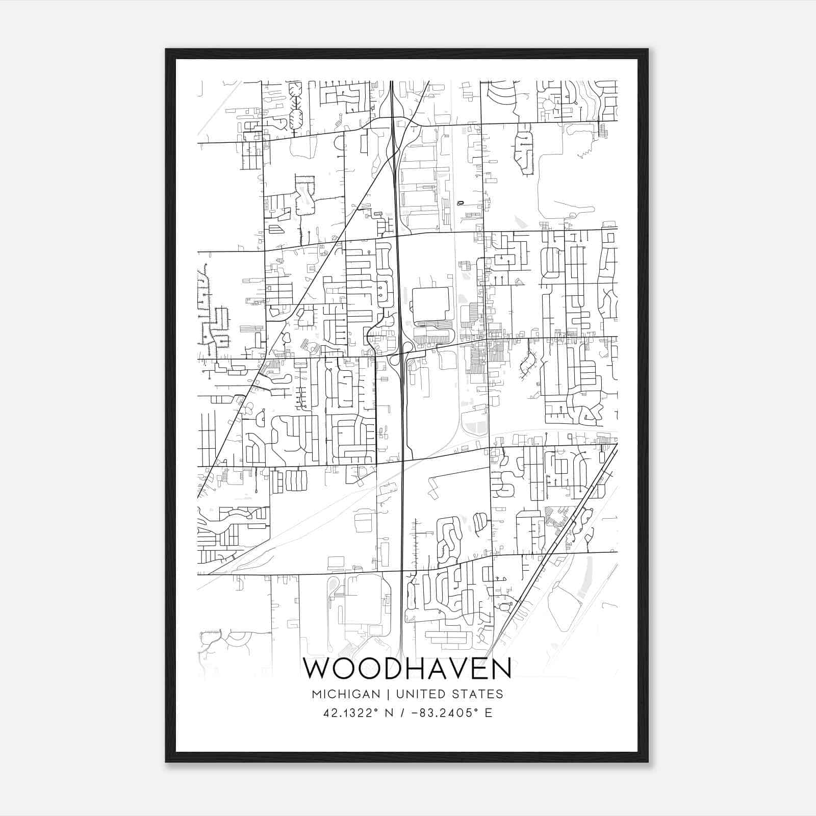Woodhaven Michigan Map Poster, Modern Home Decor Wall Art Print