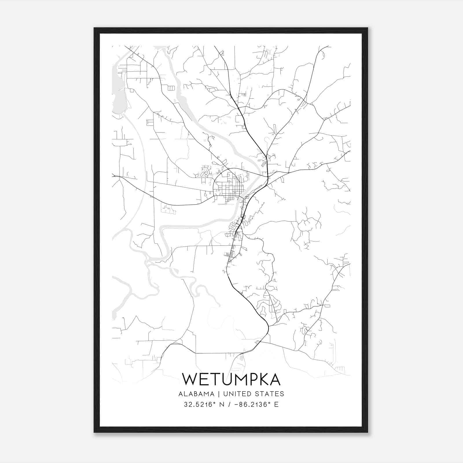 Wetumpka Alabama Map Poster, Modern Home Decor Wall Art Print