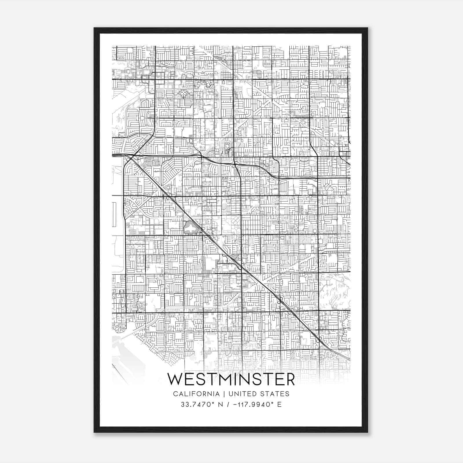 Westminster California Map Poster, Modern Home Decor Wall Art Print