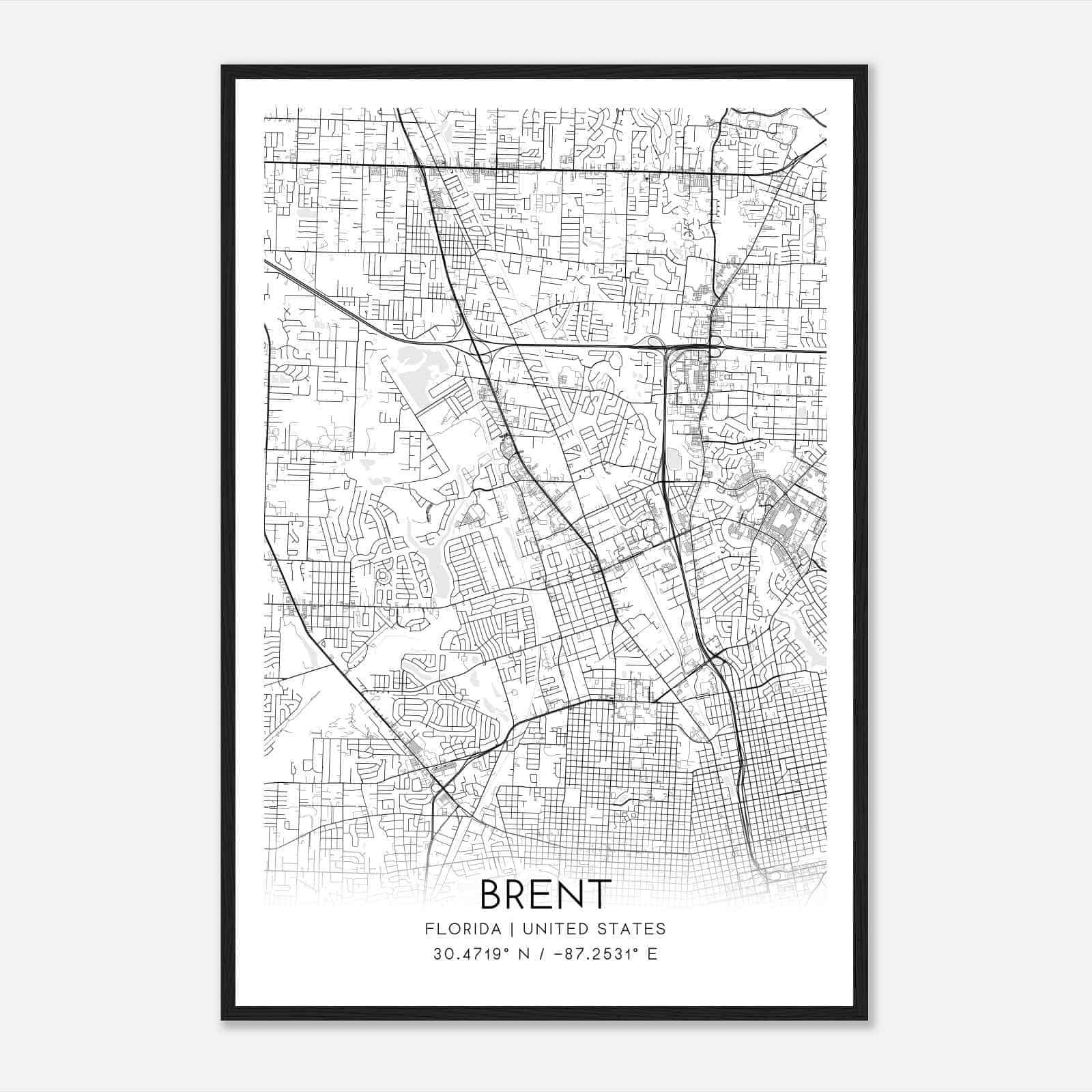 Brent Florida Map Poster, Modern Home Decor Wall Art Print