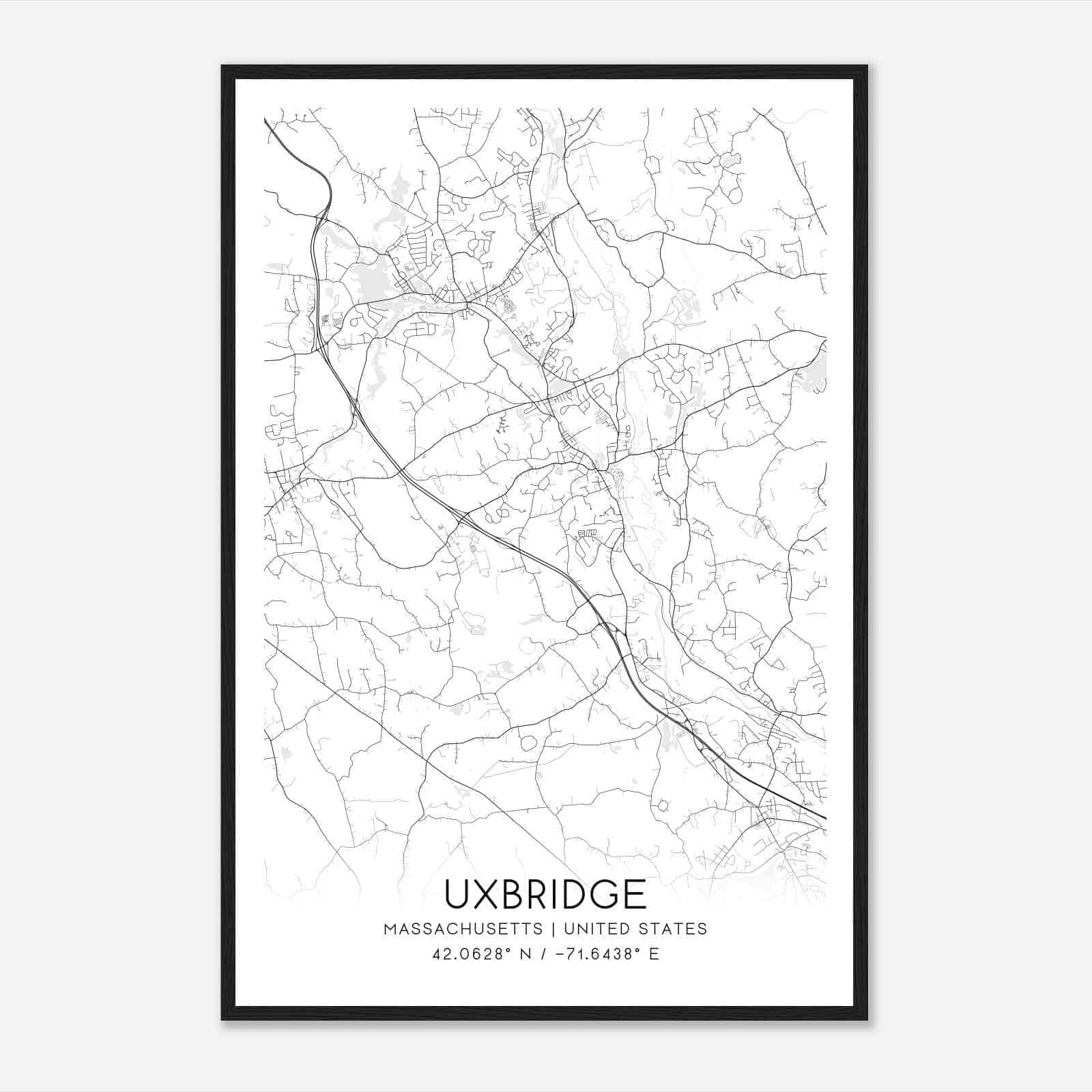 Uxbridge Massachusetts Map Poster, Modern Home Decor Wall Art Print