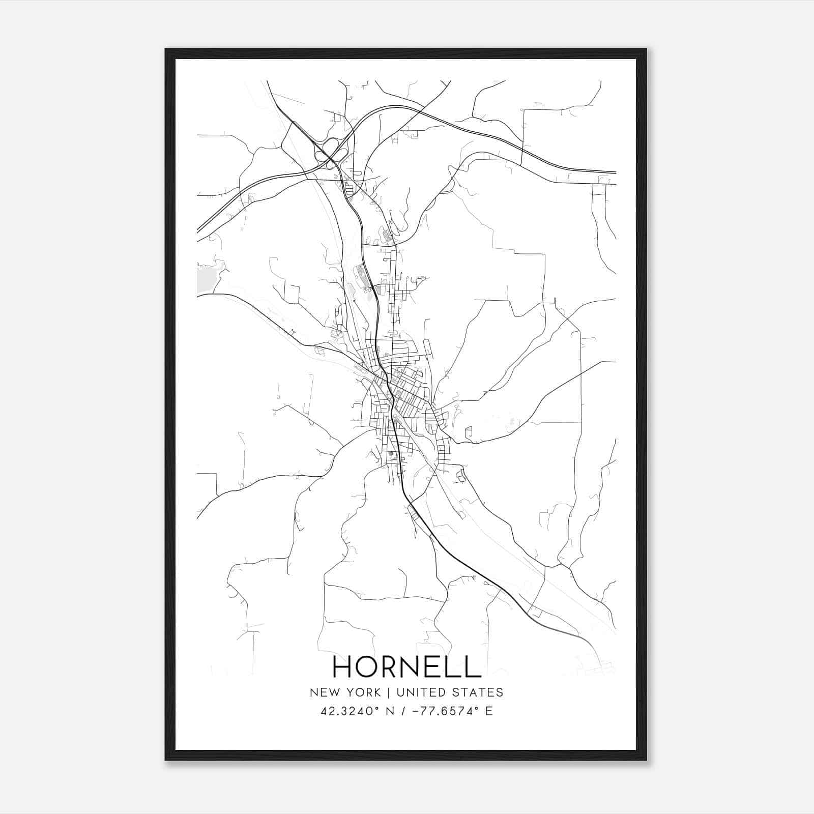 Hornell New York Map Poster, Modern Home Decor Wall Art Print