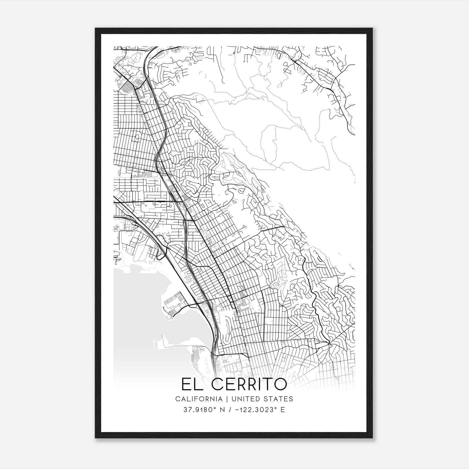 El Cerrito California Map Poster, Modern Home Decor Wall Art Print