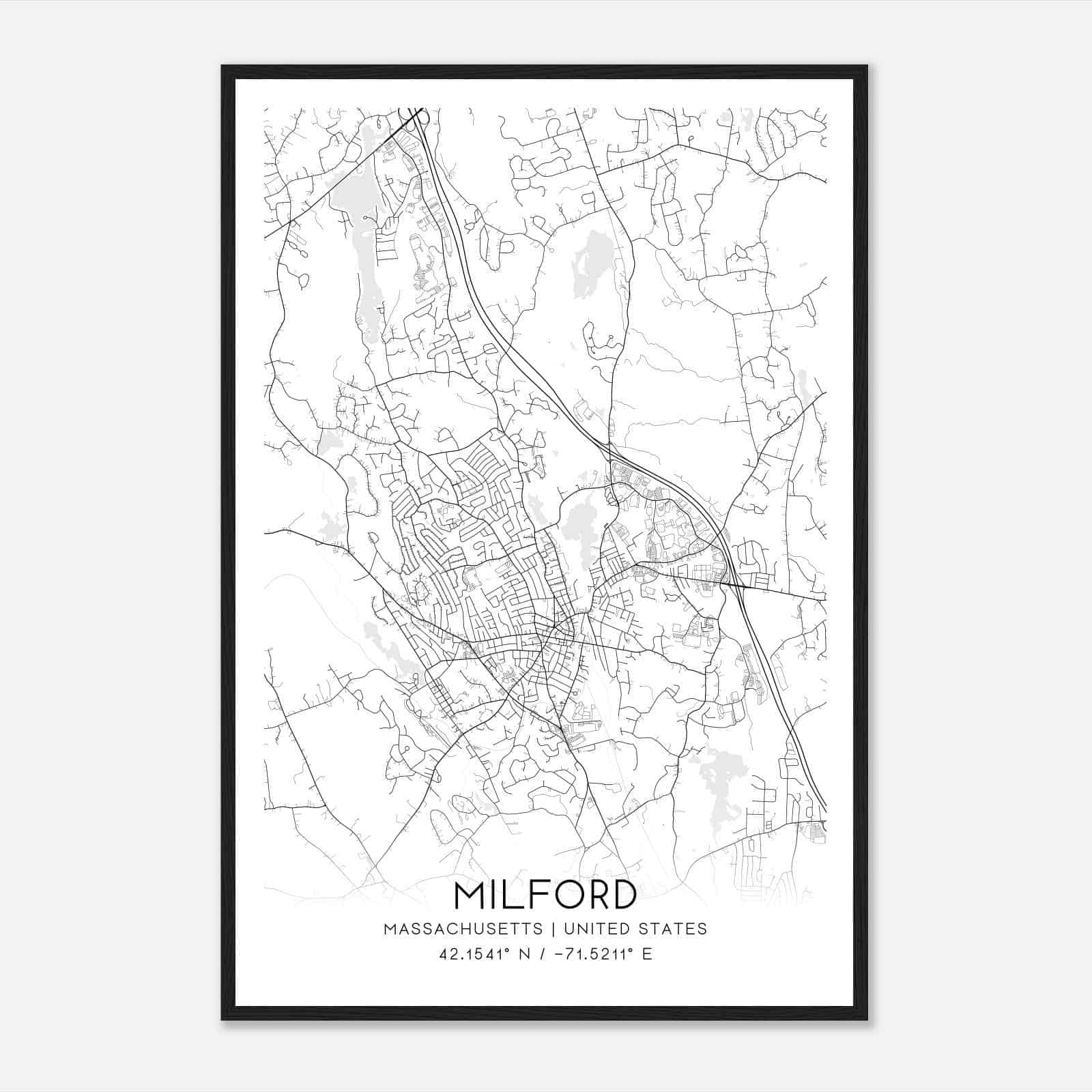Milford Massachusetts Map Poster, Modern Home Decor Wall Art Print