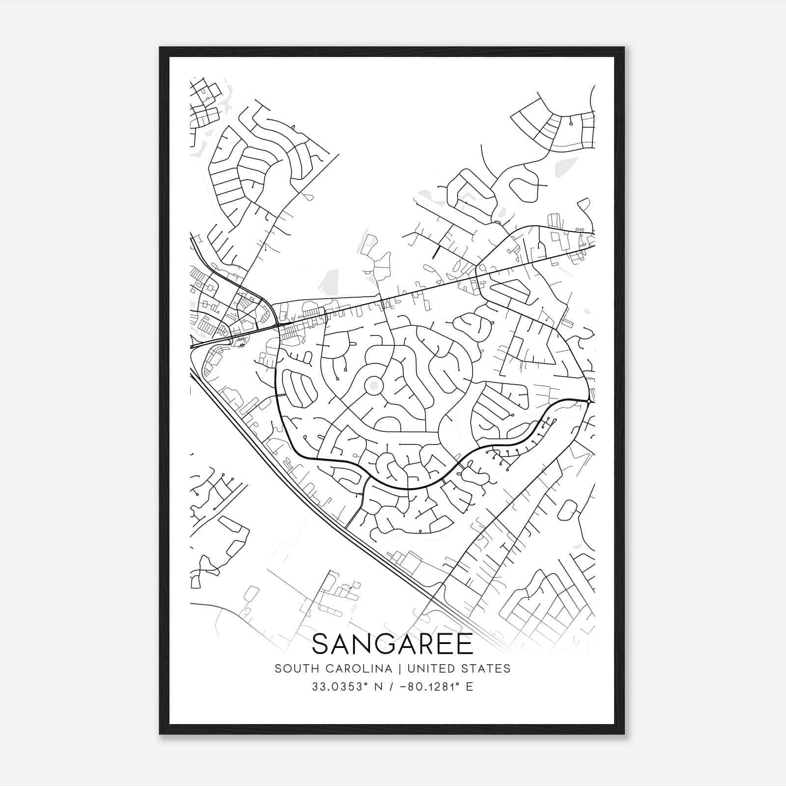 Sangaree South Carolina Map Poster, Modern Home Decor Wall Art Print