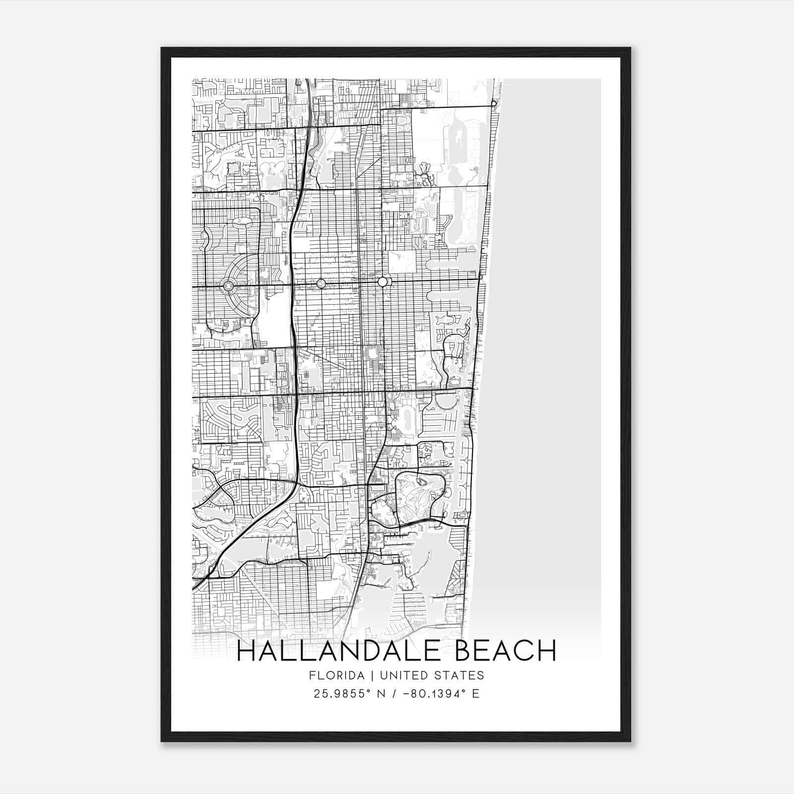 Hallandale Beach Florida Map Poster, Modern Home Decor Wall Art Print