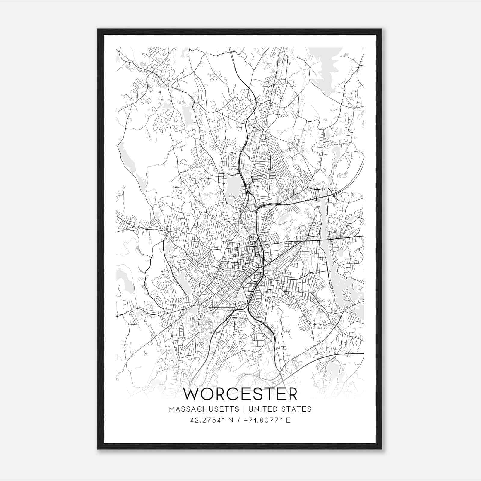 Worcester Massachusetts Map Poster, Modern Home Decor Wall Art Print