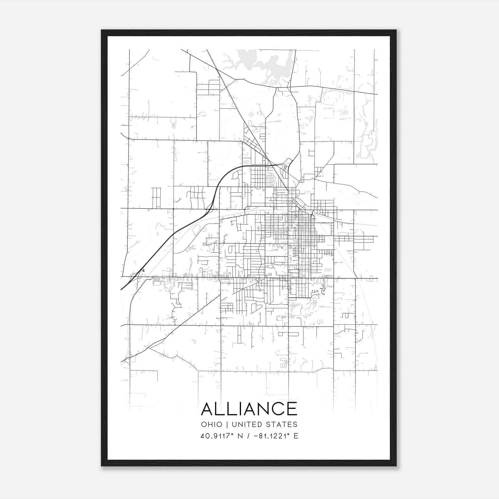 Alliance Ohio Map Poster, Modern Home Decor Wall Art Print