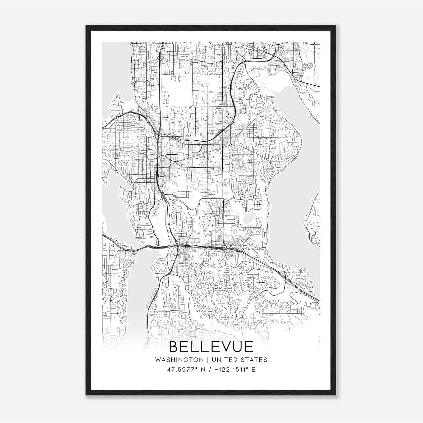 Bellevue Washington Map Poster, Modern Home Decor Wall Art Print