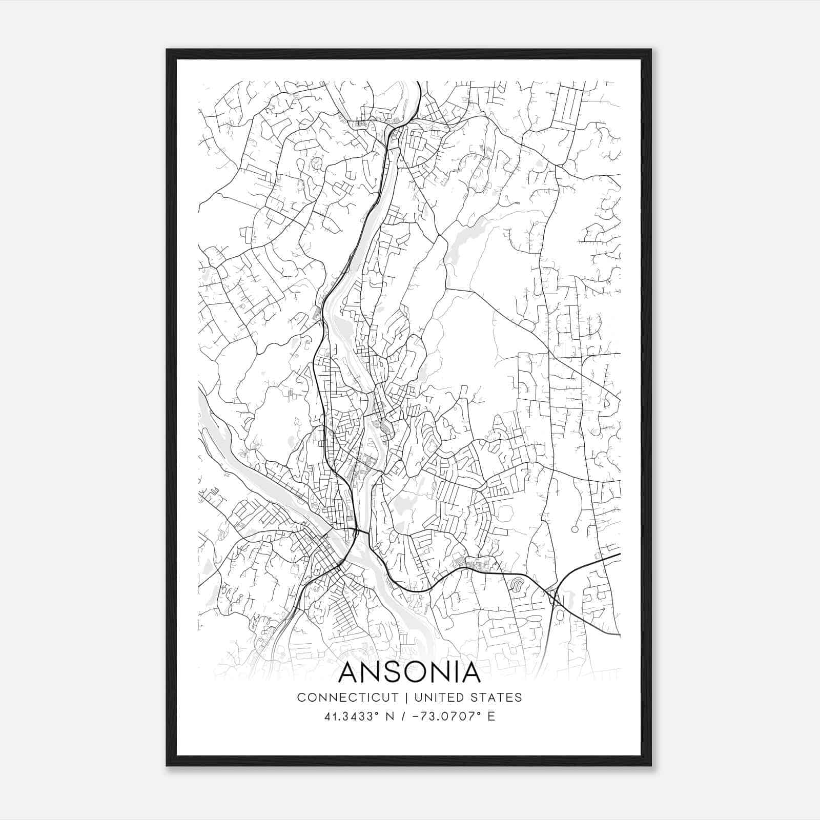 Ansonia Connecticut Map Poster, Modern Home Decor Wall Art Print