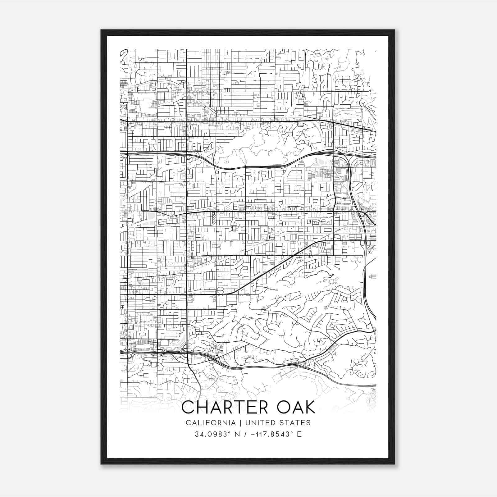 Charter Oak California Map Poster, Modern Home Decor Wall Art Print