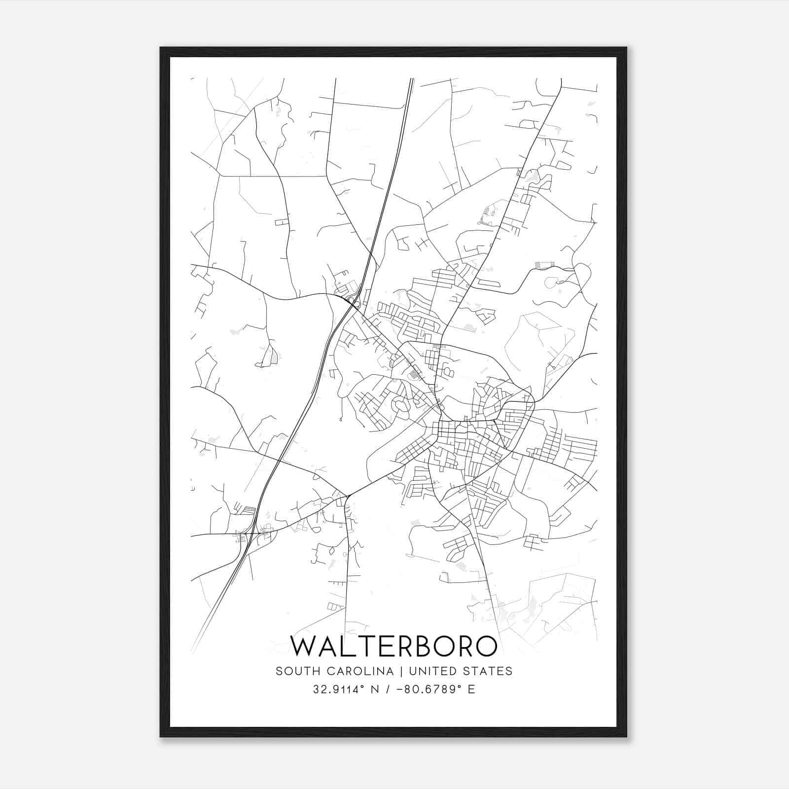 Walterboro South Carolina Map Poster, Modern Home Decor Wall Art Print