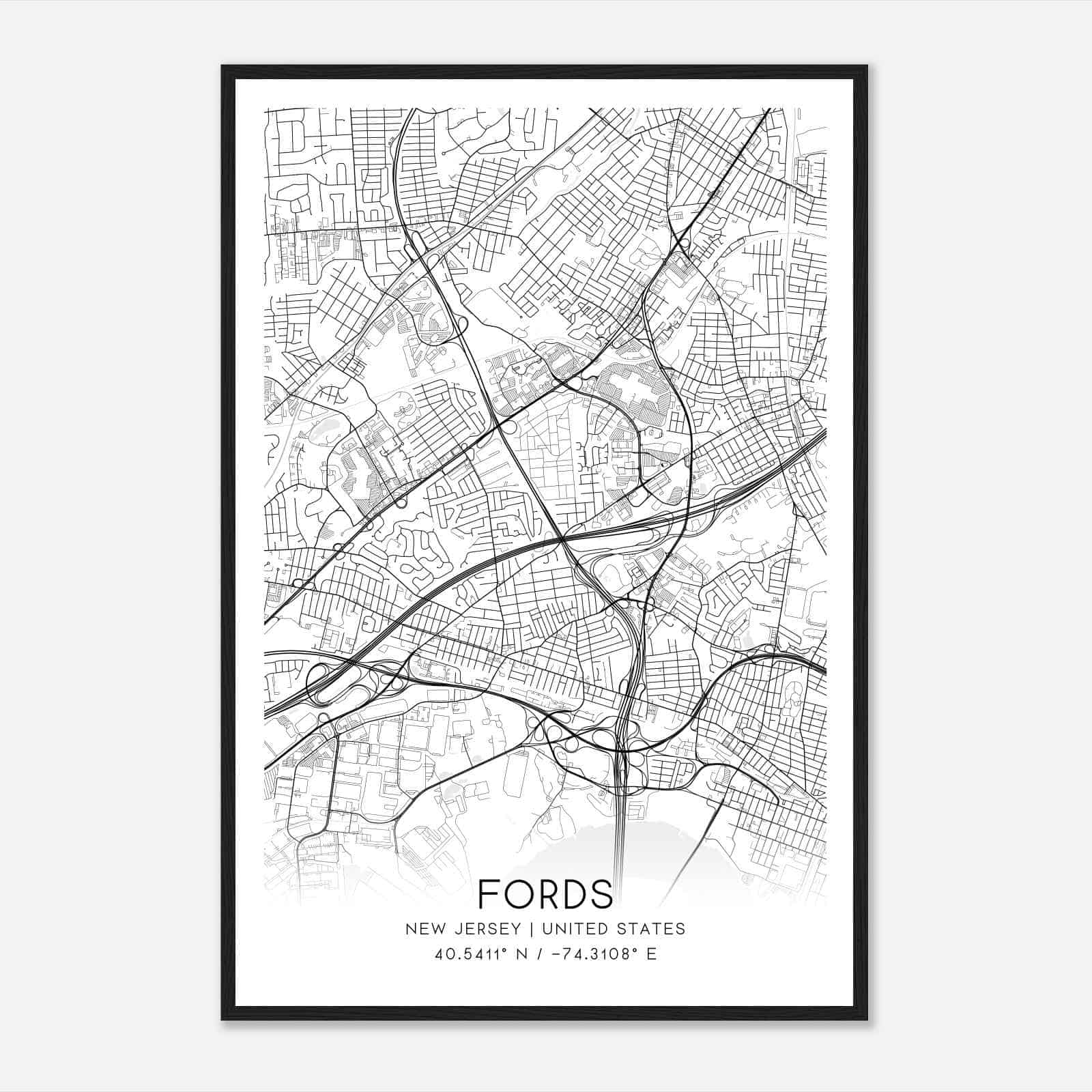 Fords New Jersey Map Poster, Modern Home Decor Wall Art Print
