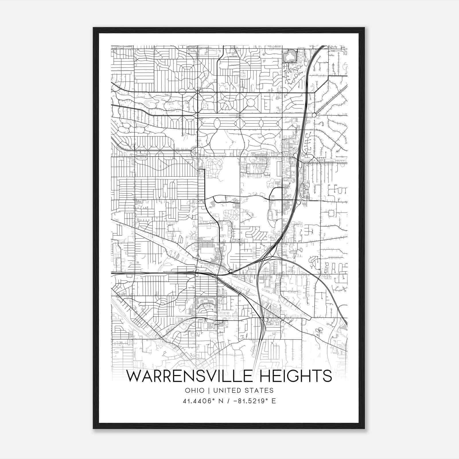 Warrensville Heights Ohio Map Poster, Modern Home Decor Wall Art Print