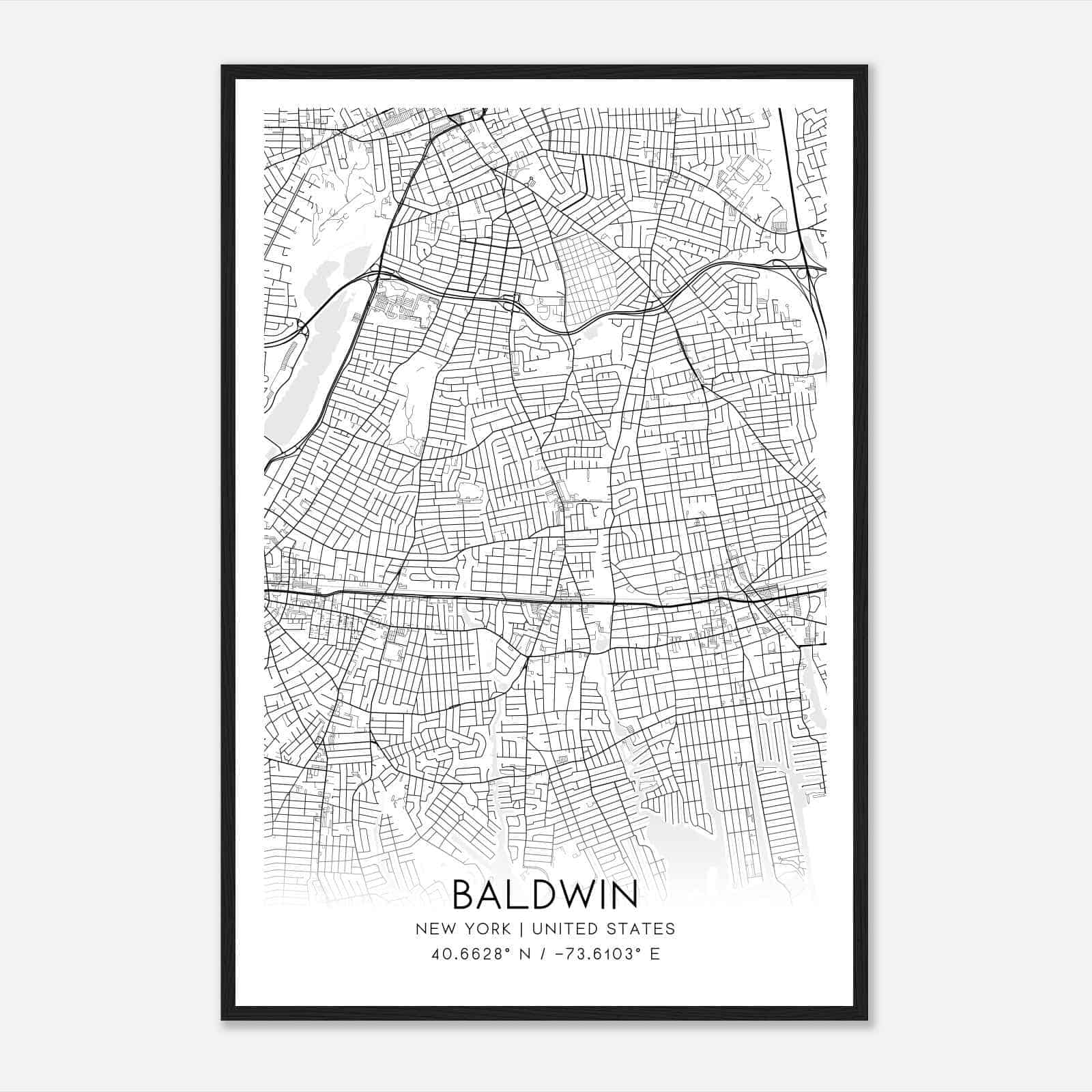 Baldwin New York Map Poster, Modern Home Decor Wall Art Print