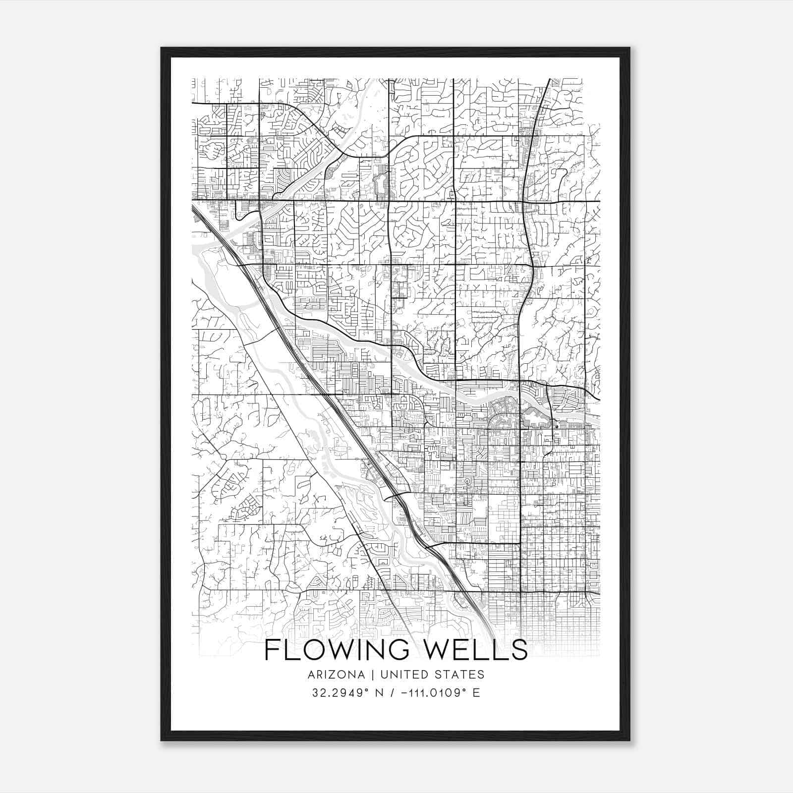 Flowing Wells Arizona Map Poster, Modern Home Decor Wall Art Print