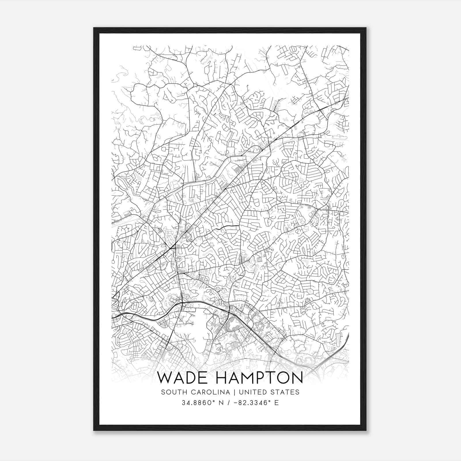 Wade Hampton South Carolina Map Poster, Modern Home Decor Wall Art Print