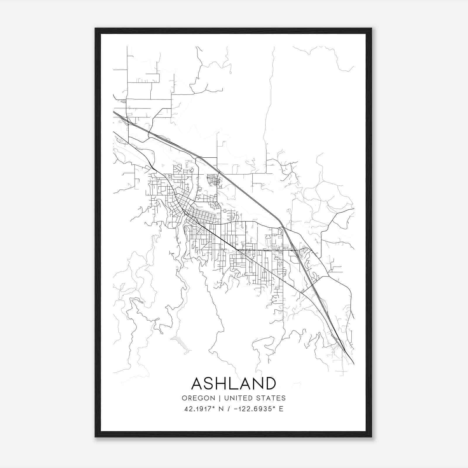 Ashland Oregon Map Poster, Modern Home Decor Wall Art Print