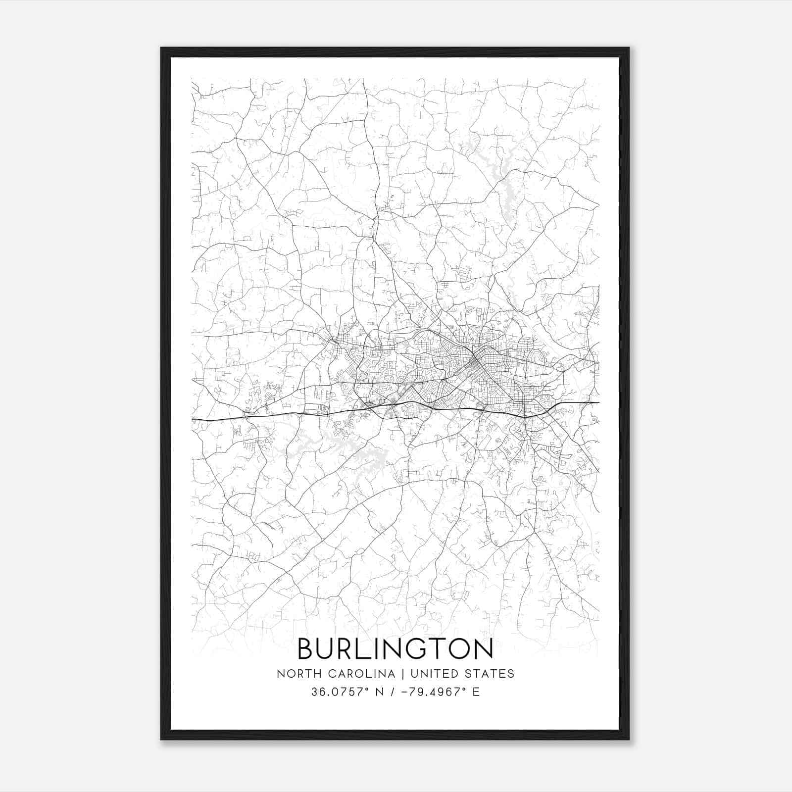 Burlington North Carolina Map Poster, Modern Home Decor Wall Art Print