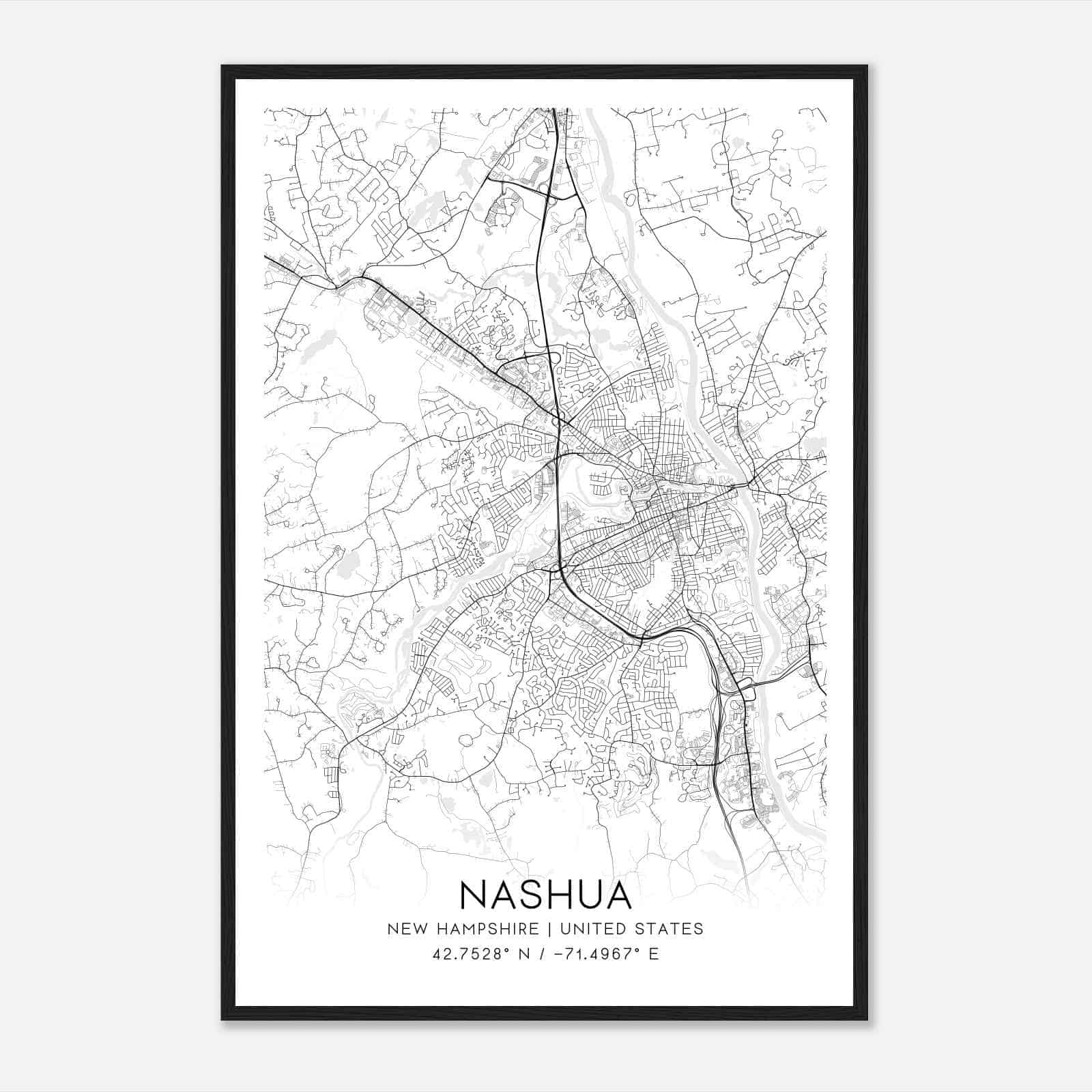 Nashua New Hampshire Map Poster, Modern Home Decor Wall Art Print
