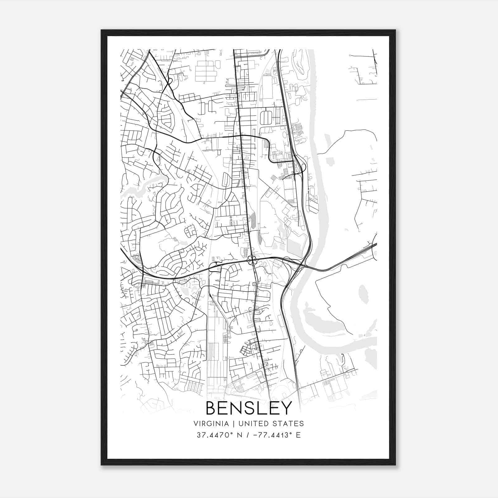 Bensley Virginia Map Poster, Modern Home Decor Wall Art Print