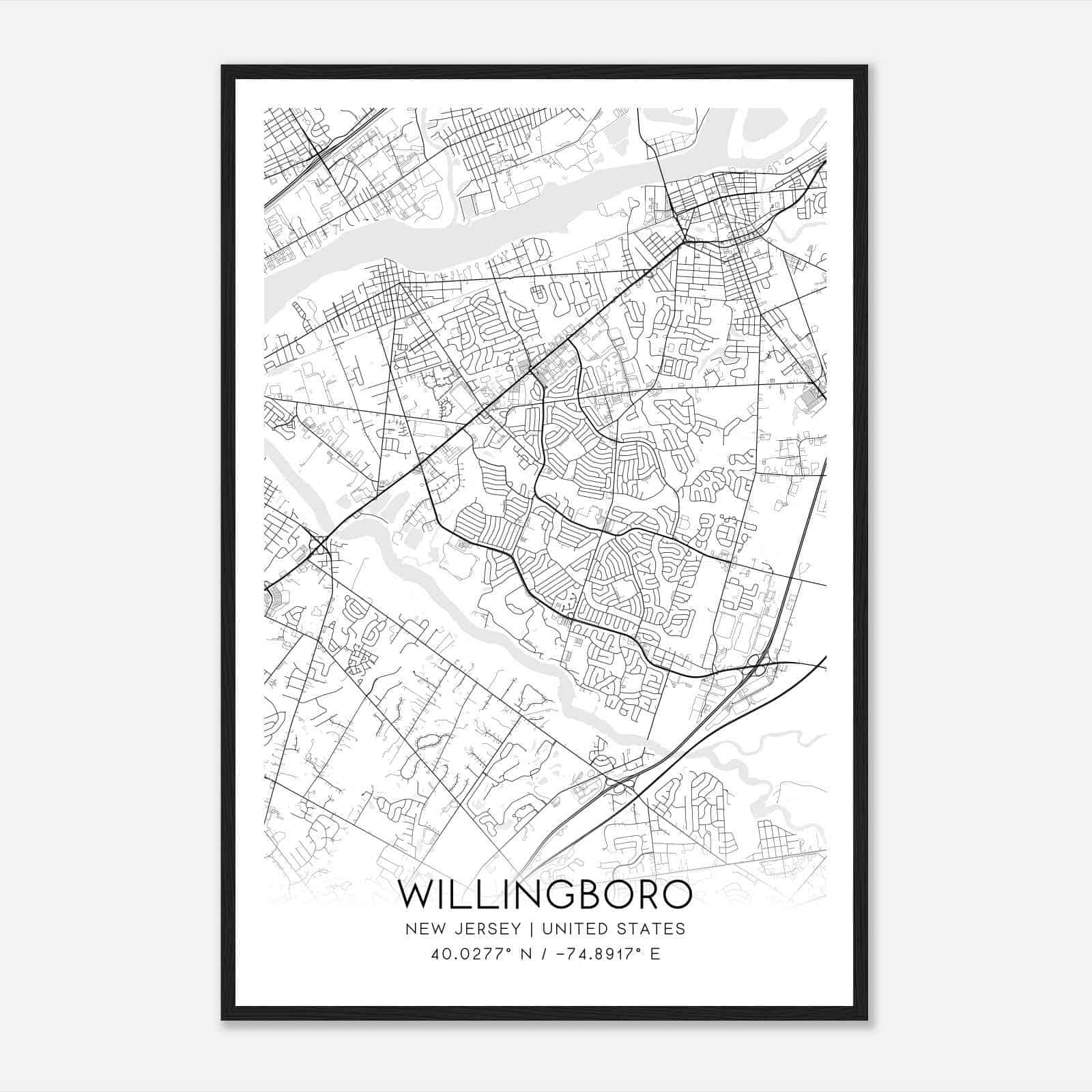 Willingboro New Jersey Map Poster, Modern Home Decor Wall Art Print