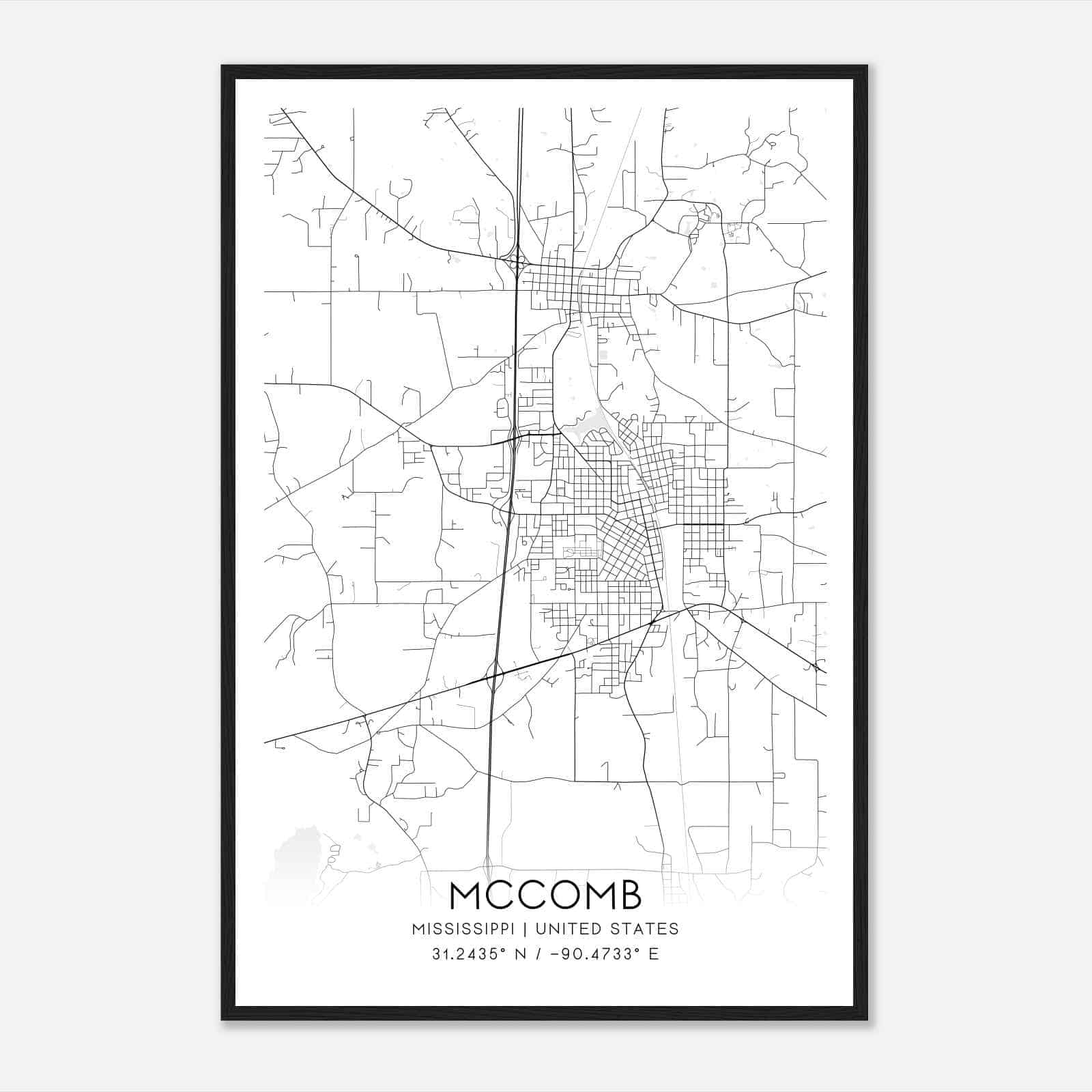 McComb Mississippi Map Poster, Modern Home Decor Wall Art Print