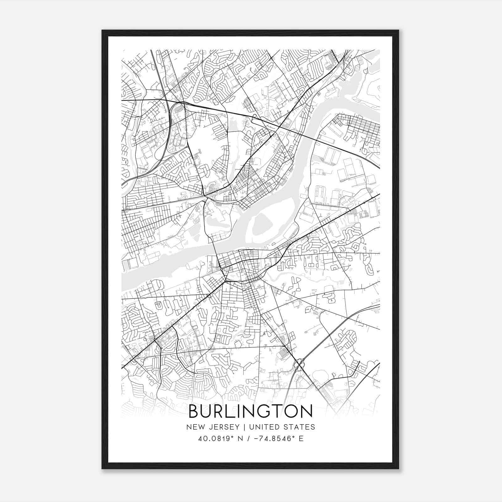 Burlington New Jersey Map Poster, Modern Home Decor Wall Art Print