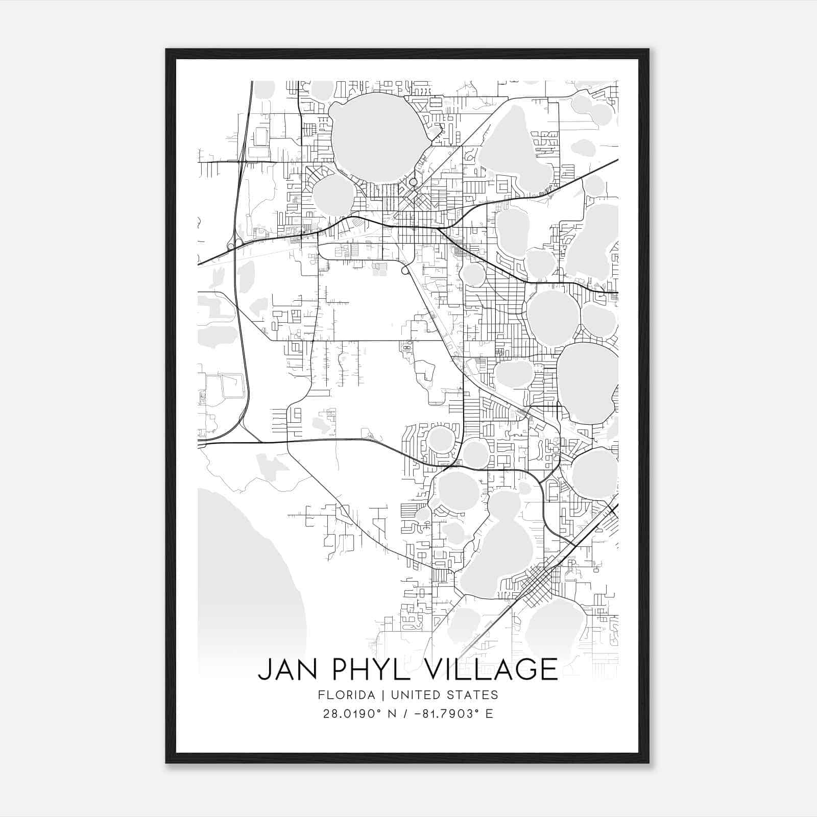 Jan Phyl Village Florida Map Poster, Modern Home Decor Wall Art Print