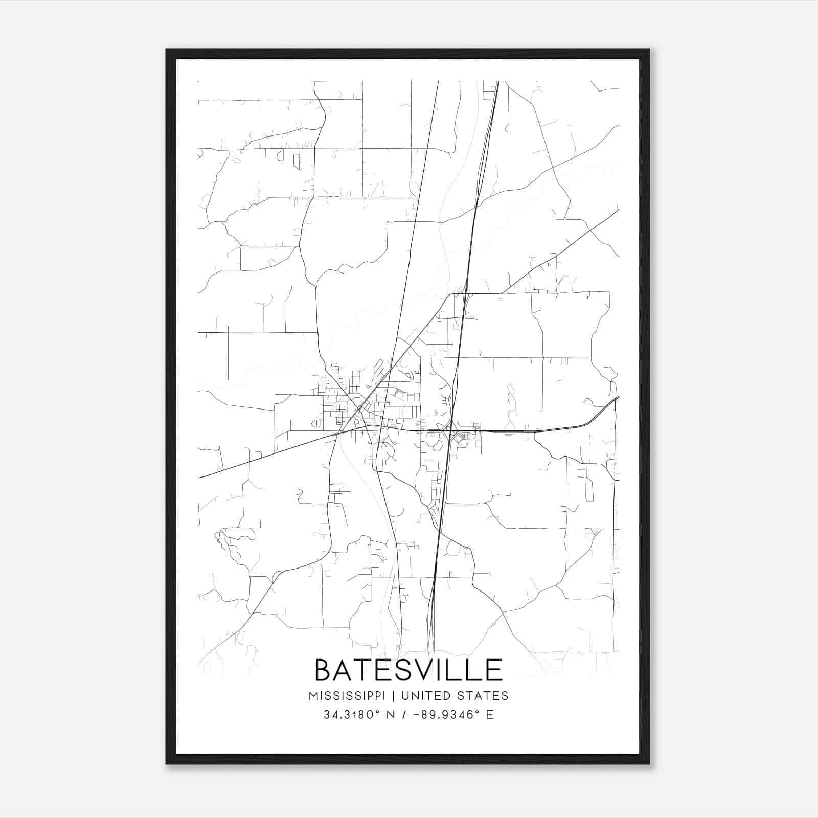 Batesville Mississippi Map Poster, Modern Home Decor Wall Art Print