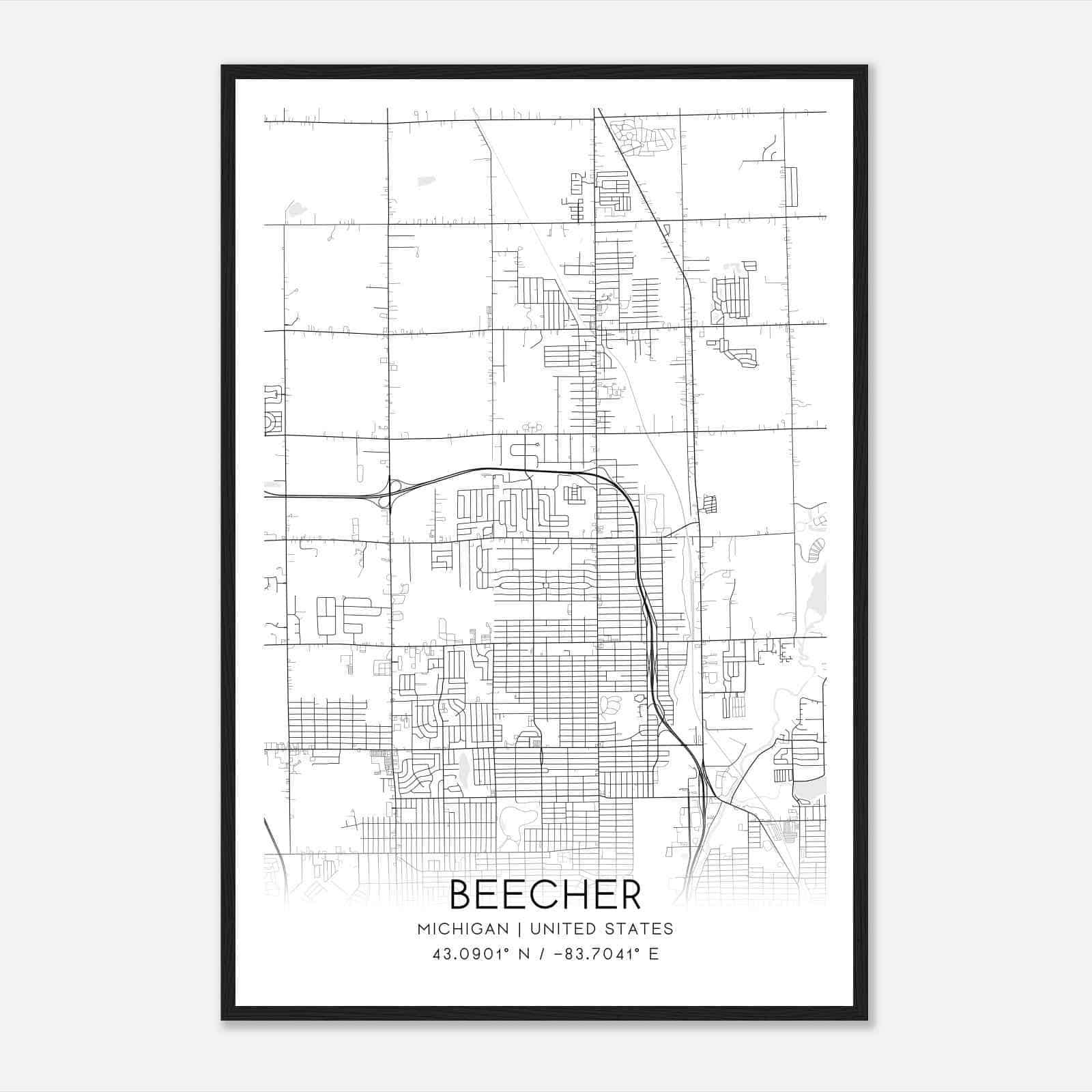 Beecher Michigan Map Poster, Modern Home Decor Wall Art Print