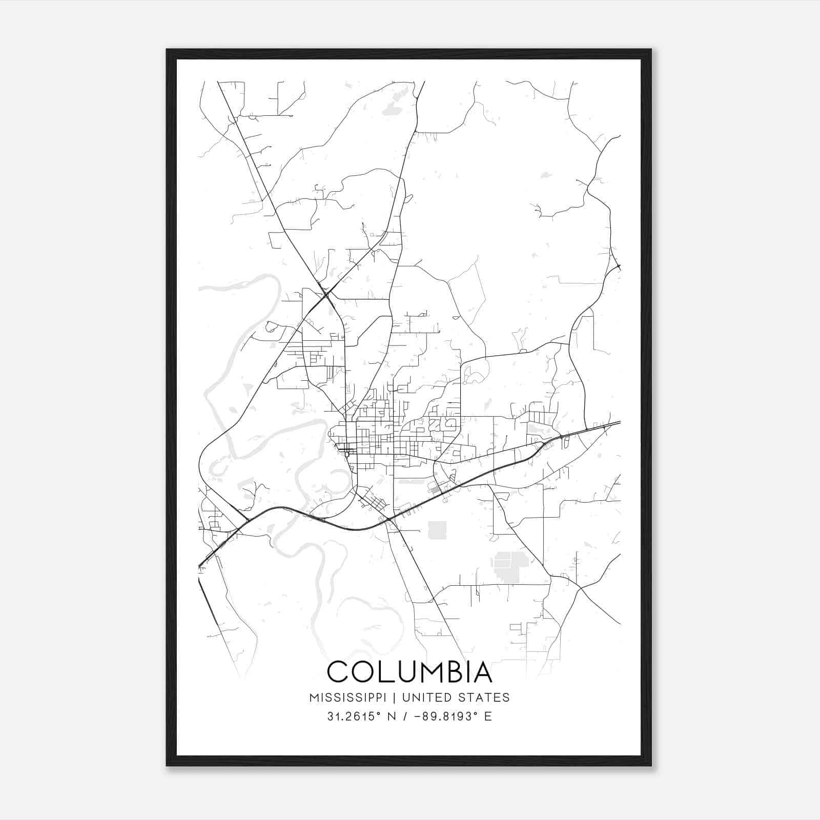 Columbia Mississippi Map Poster, Modern Home Decor Wall Art Print