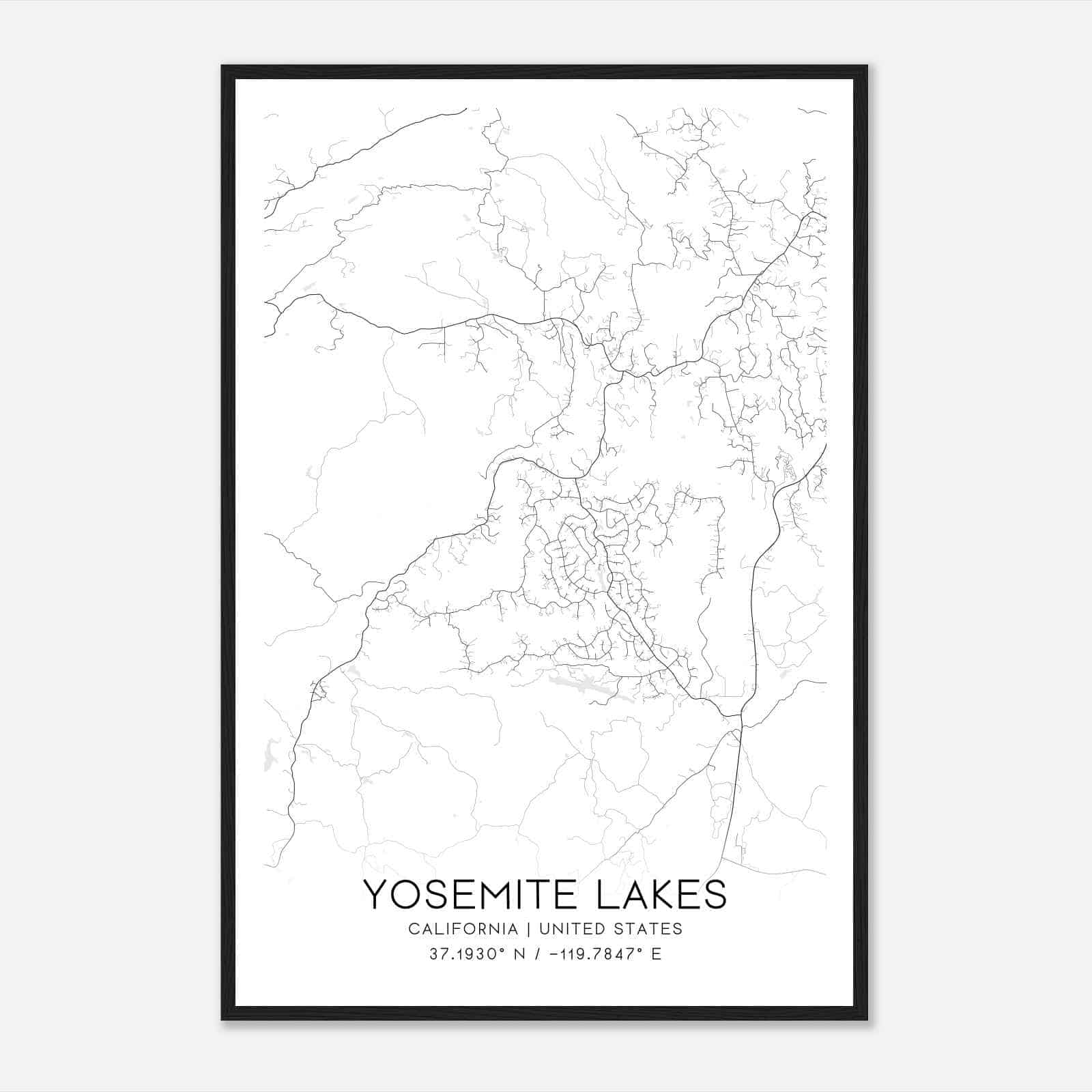Yosemite Lakes California Map Poster, Modern Home Decor Wall Art Print