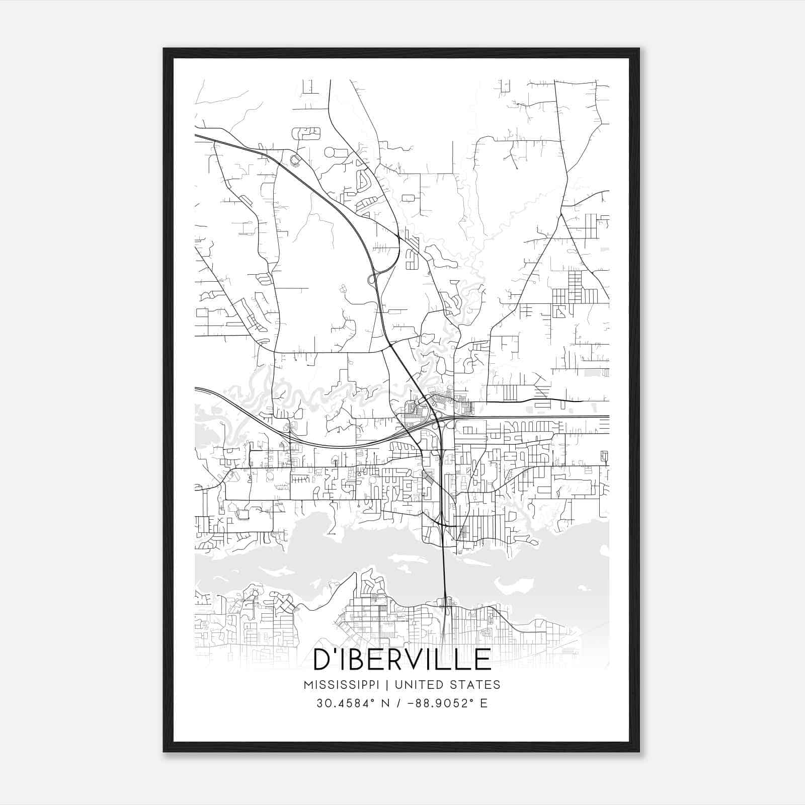 D’Iberville Mississippi Map Poster, Modern Home Decor Wall Art Print