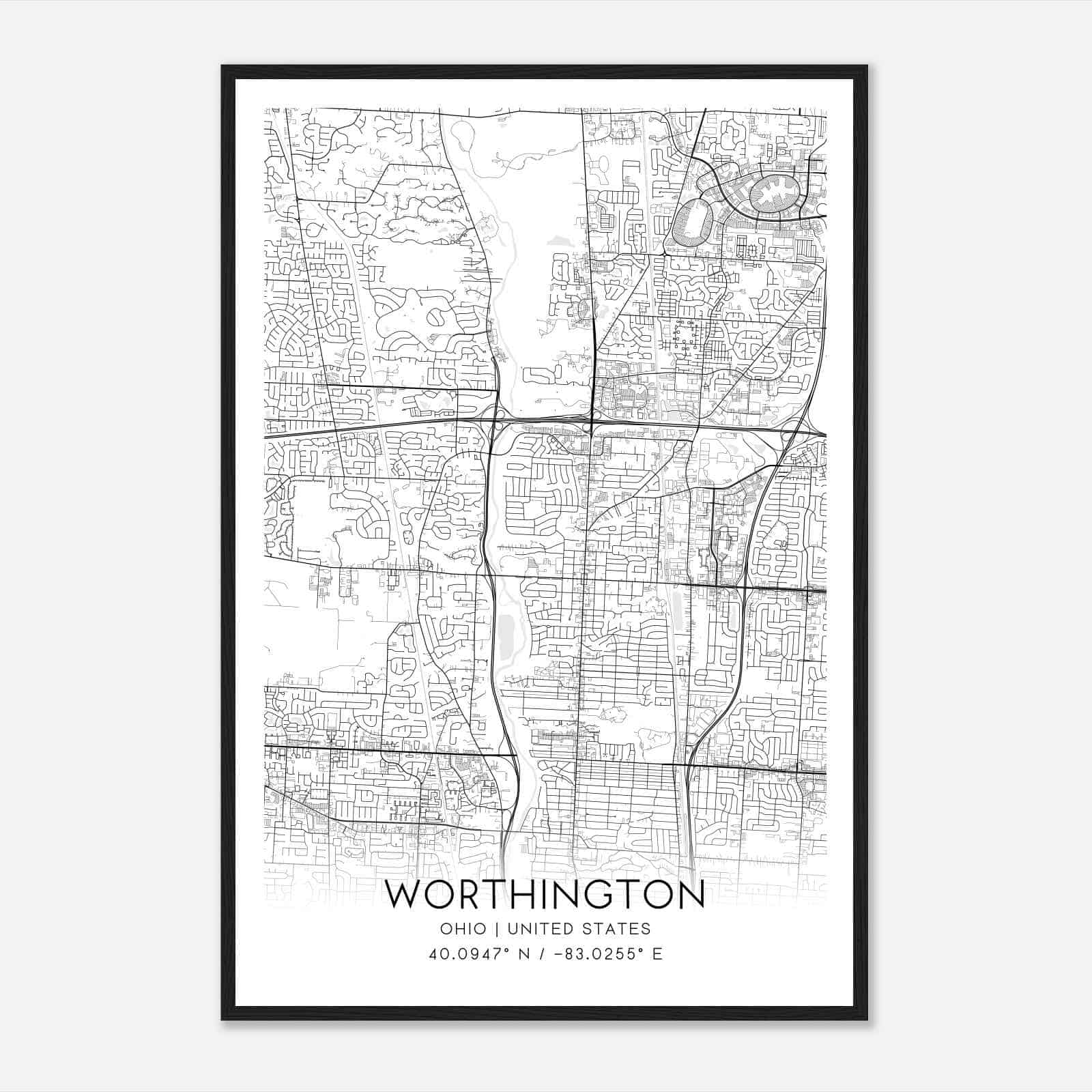 Worthington Ohio Map Poster, Modern Home Decor Wall Art Print