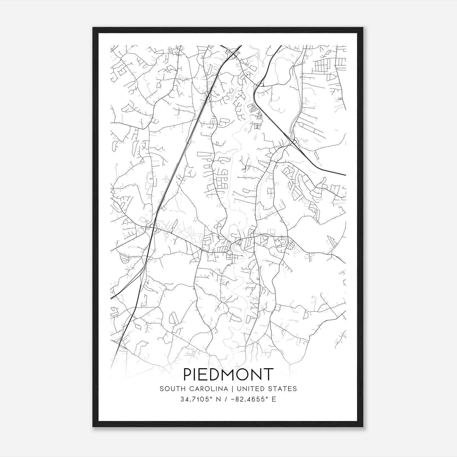 Piedmont South Carolina Map Poster, Modern Home Decor Wall Art Print