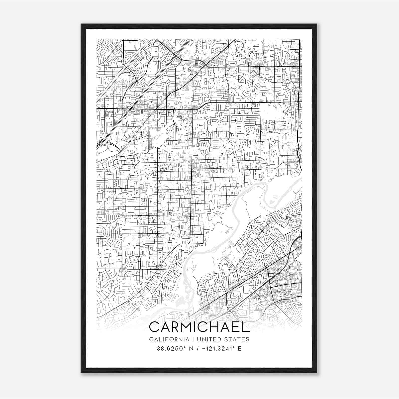 Carmichael California Map Poster, Modern Home Decor Wall Art Print