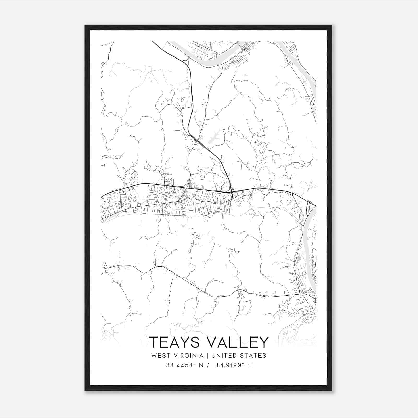 Teays Valley West Virginia Map Poster, Modern Home Decor Wall Art Print