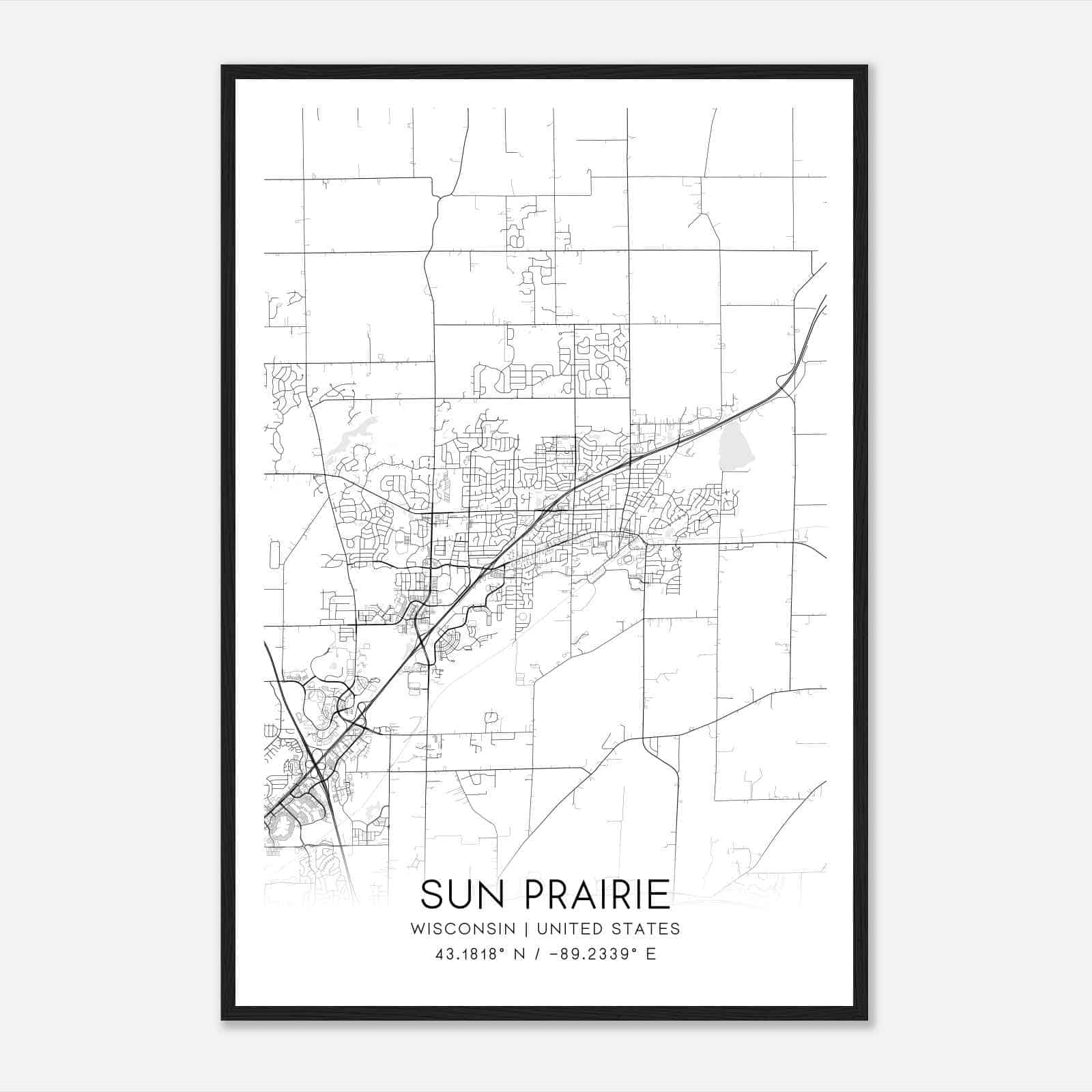 Sun Prairie Wisconsin Map Poster, Modern Home Decor Wall Art Print