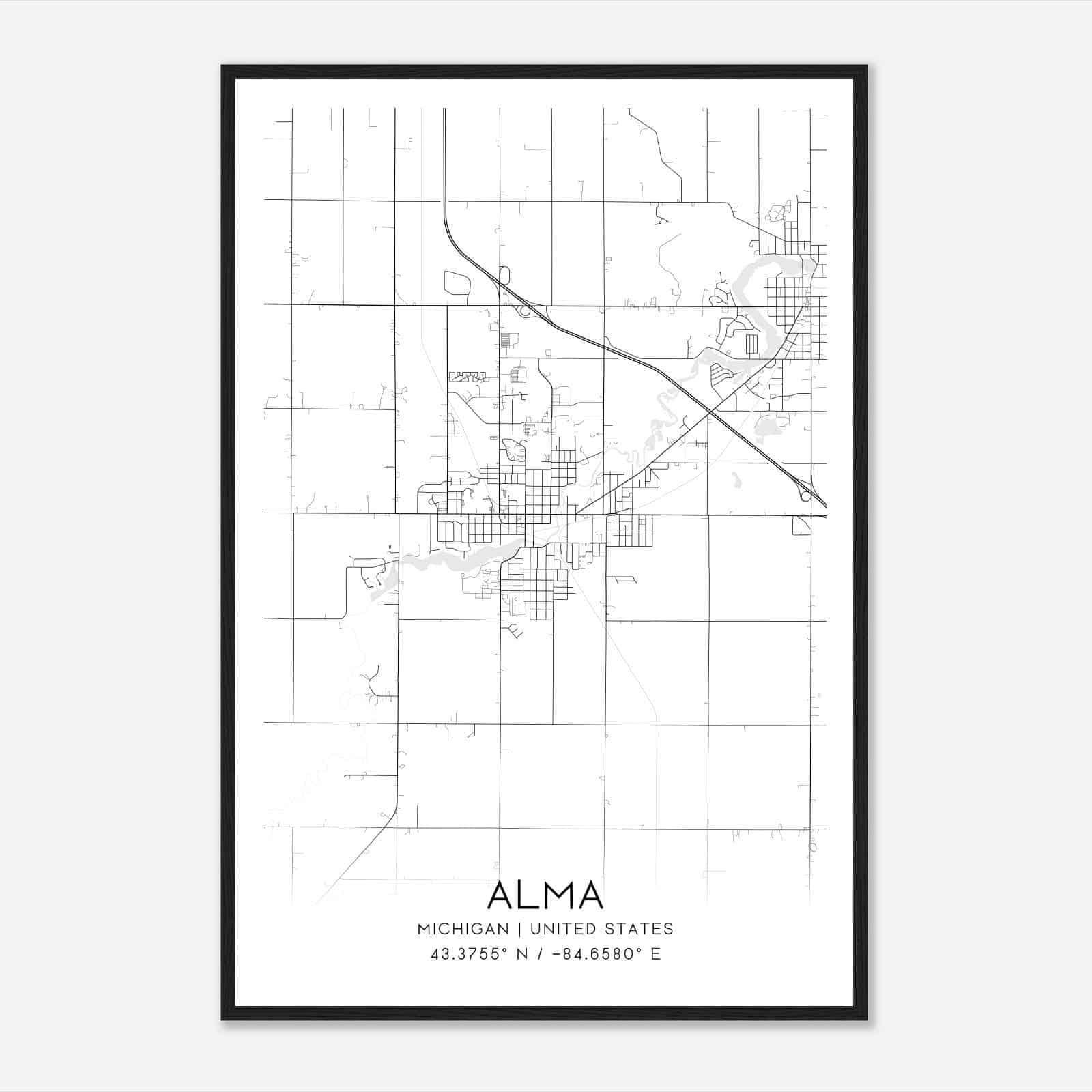 Alma Michigan Map Poster, Modern Home Decor Wall Art Print