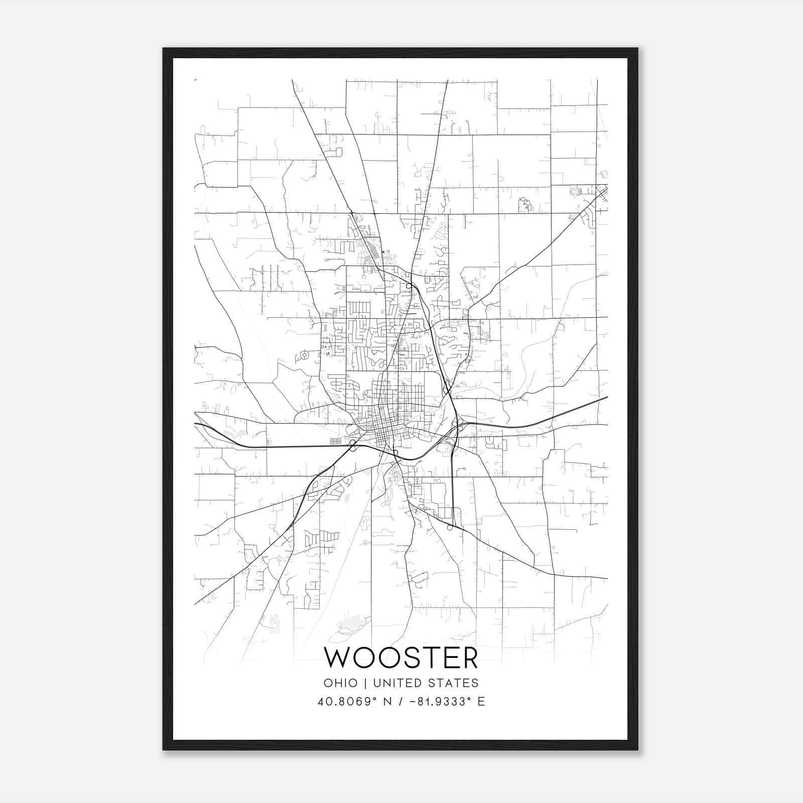 Wooster Ohio Map Poster, Modern Home Decor Wall Art Print