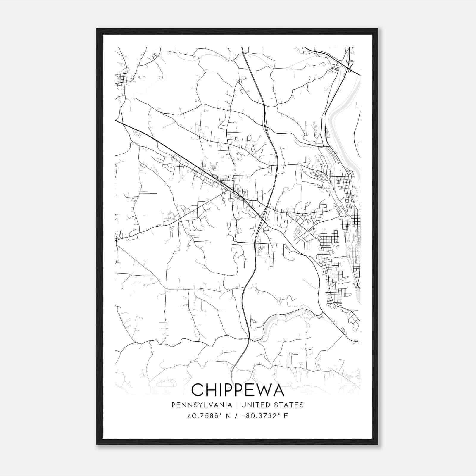 Chippewa Pennsylvania Map Poster, Modern Home Decor Wall Art Print
