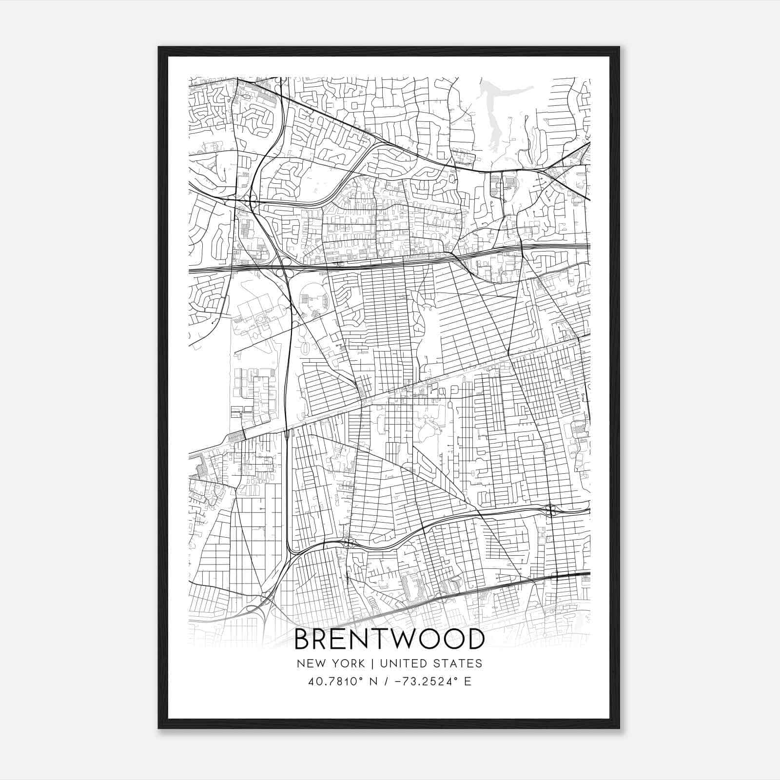 Brentwood New York Map Poster, Modern Home Decor Wall Art Print