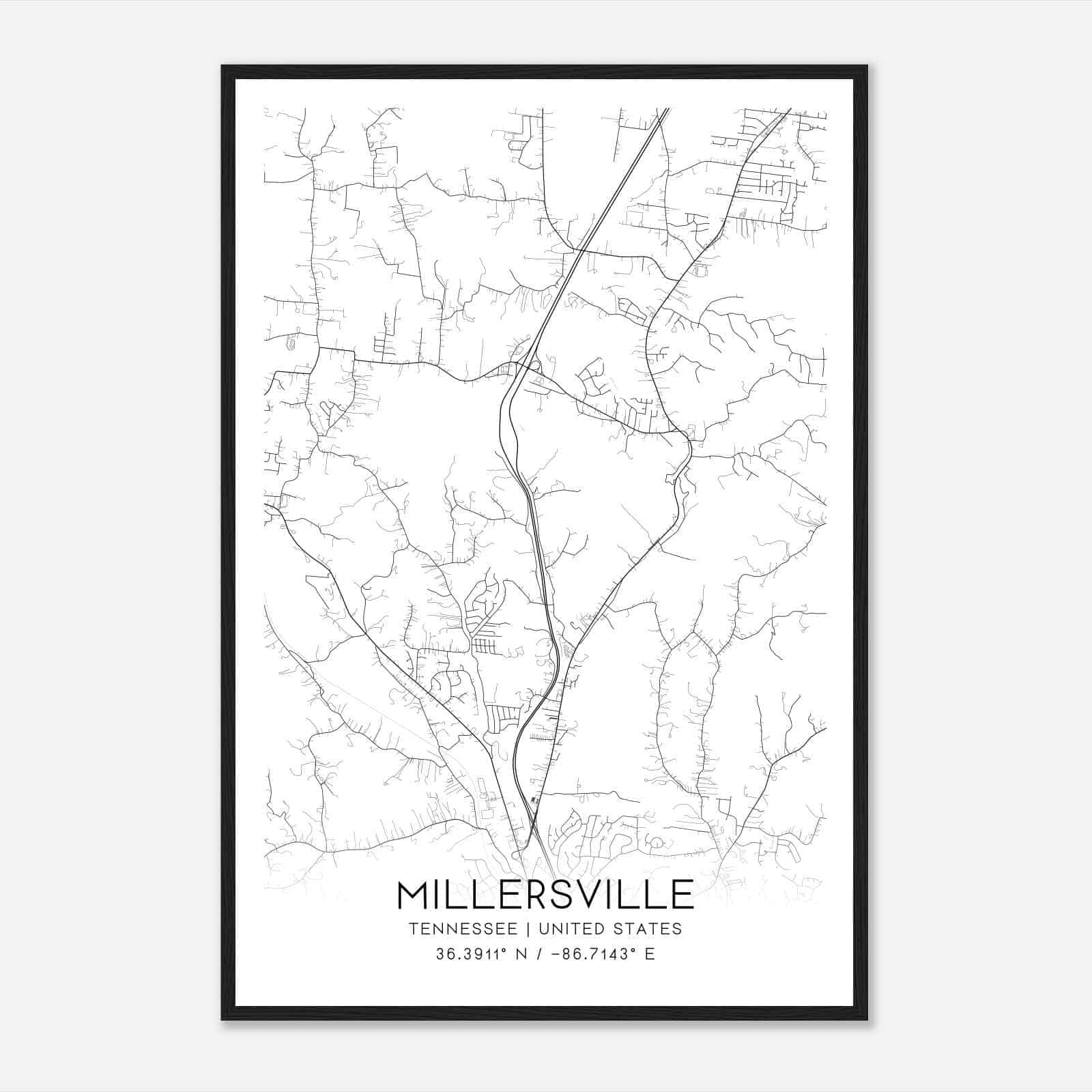 Millersville Tennessee Map Poster, Modern Home Decor Wall Art Print