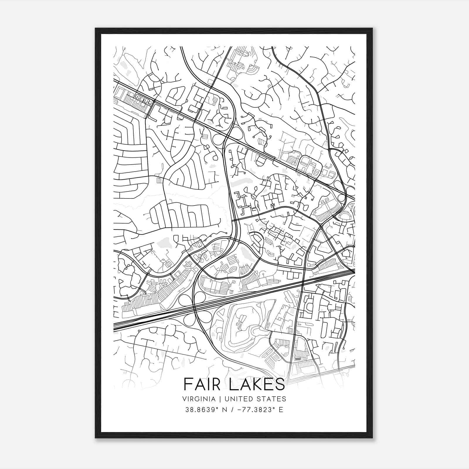 Fair Lakes Virginia Map Poster, Modern Home Decor Wall Art Print