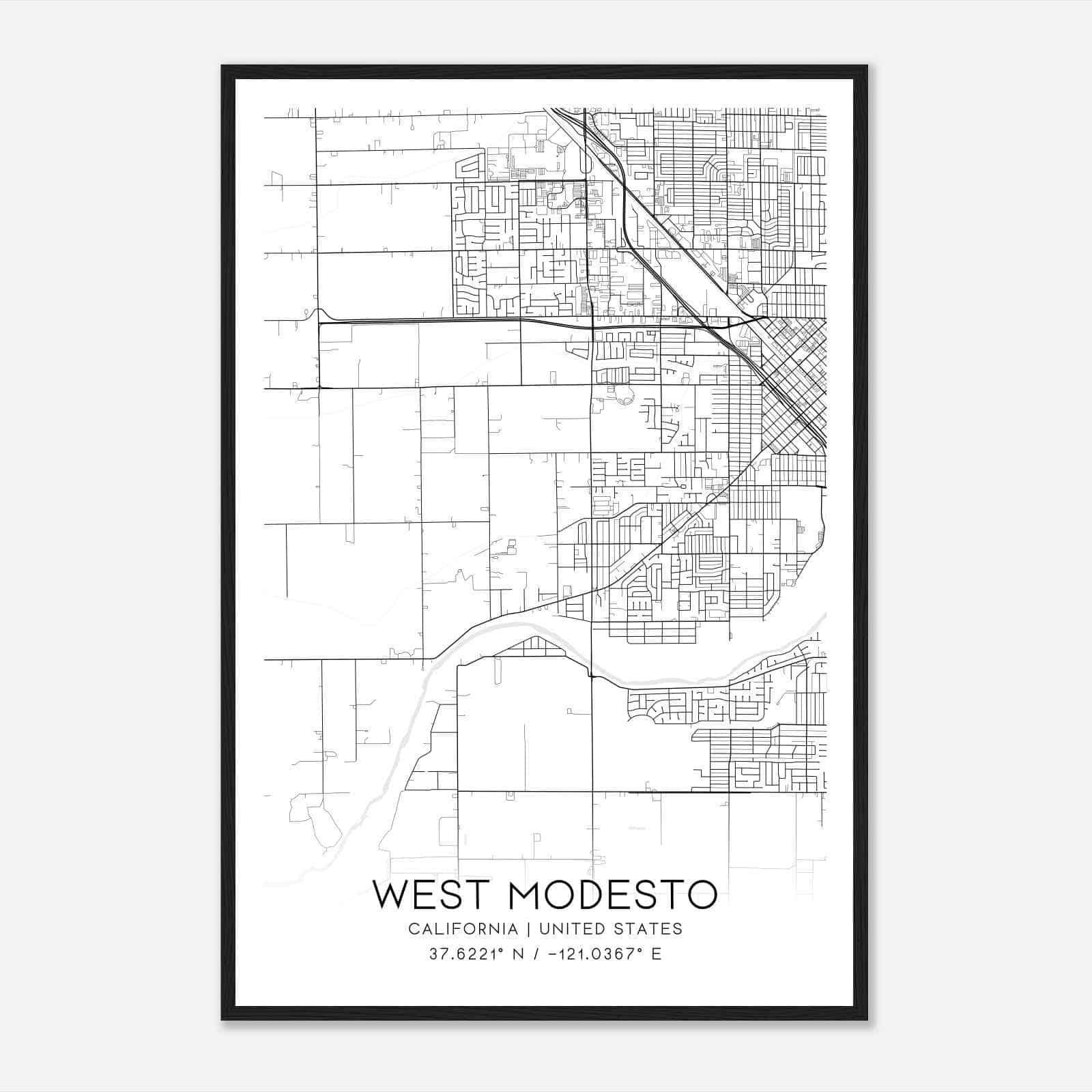 West Modesto California Map Poster, Modern Home Decor Wall Art Print