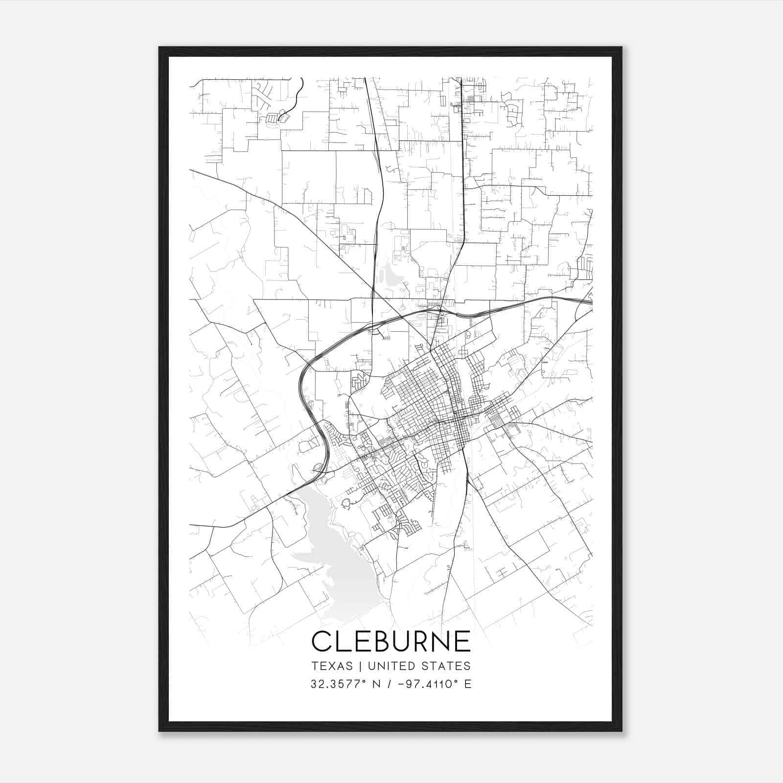 Cleburne Texas Map Poster, Modern Home Decor Wall Art Print