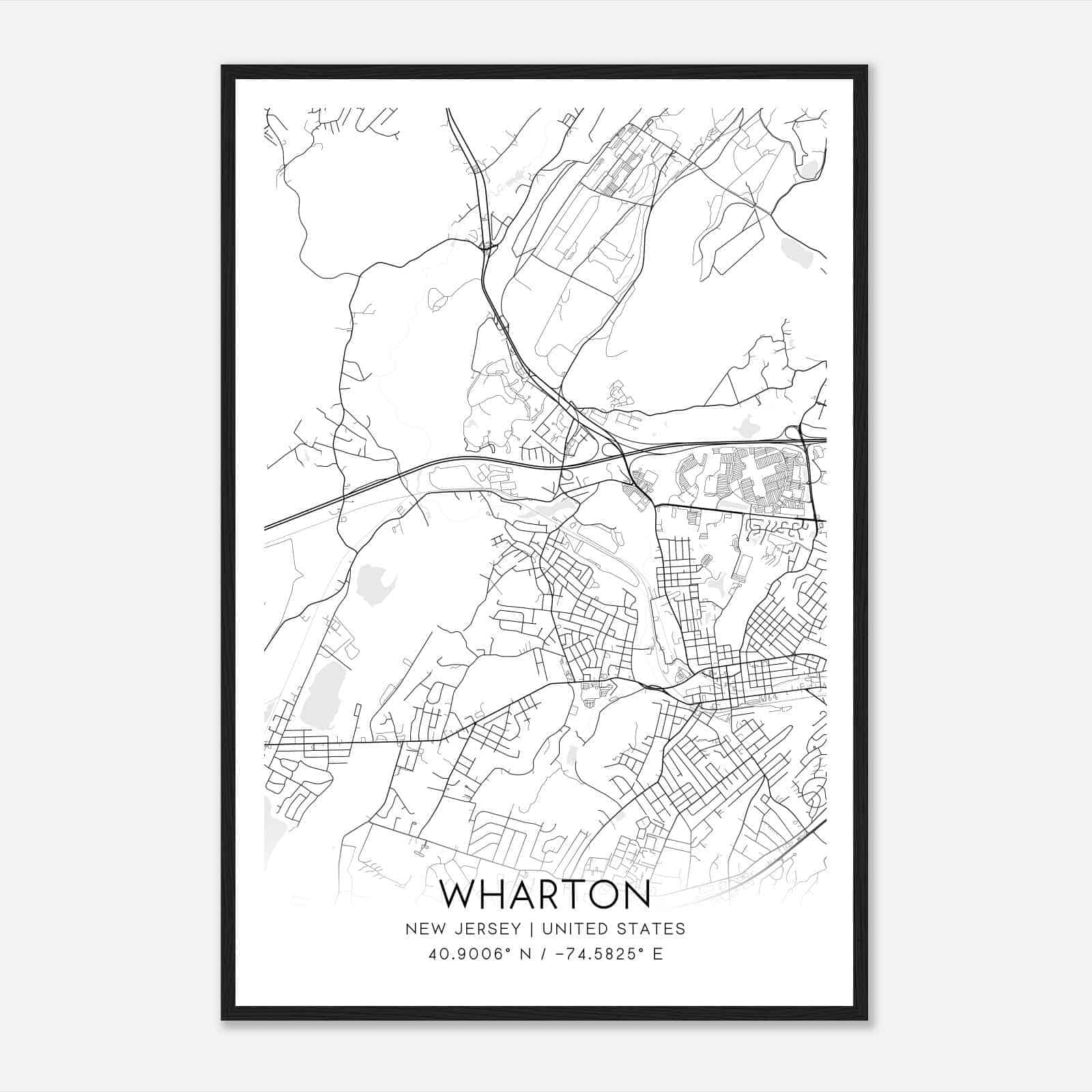 Wharton New Jersey Map Poster, Modern Home Decor Wall Art Print
