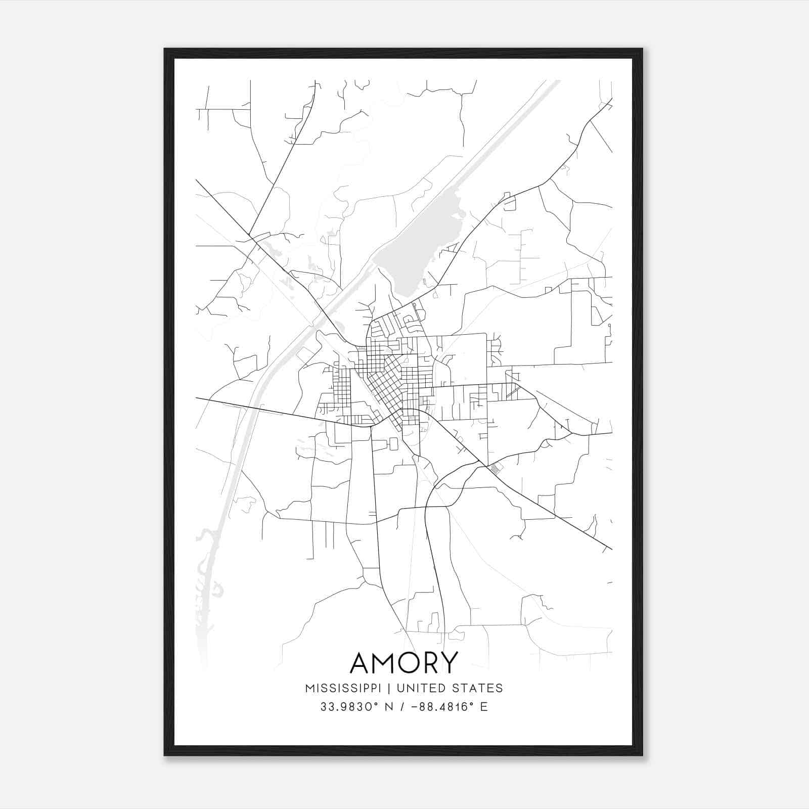 Amory Mississippi Map Poster, Modern Home Decor Wall Art Print