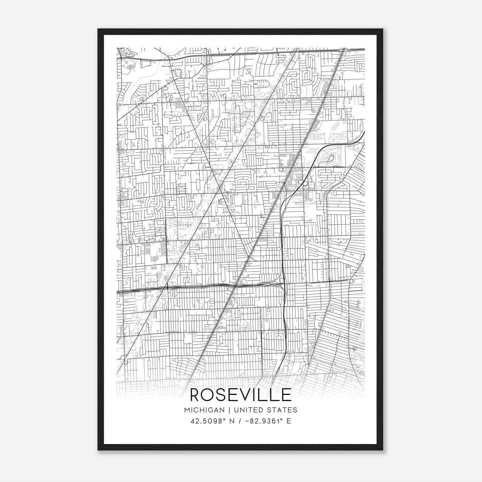Roseville Michigan Map Poster, Modern Home Decor Wall Art Print